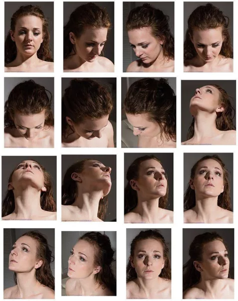 A collage of sample reference photos showcasing various angles of a face, used for designing a custom sex doll face.